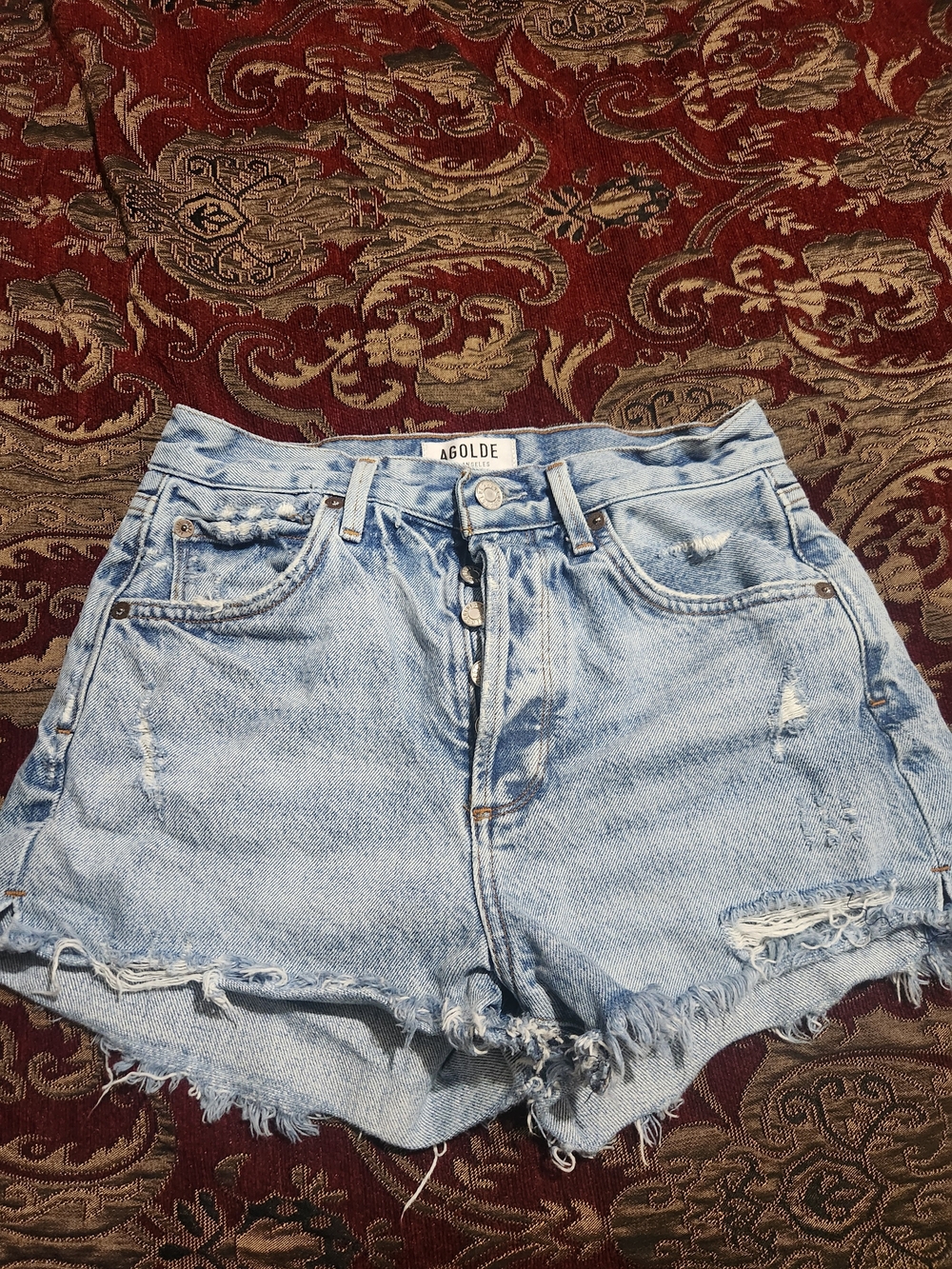 Agolde Light Wash Distressed High Waist Denim Shorts